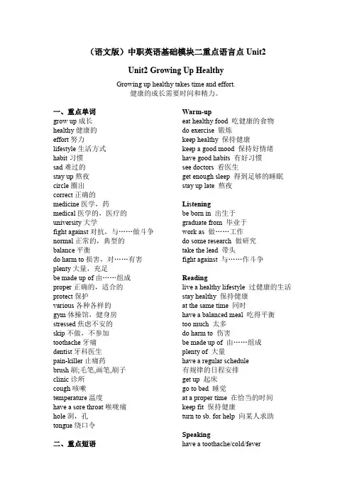 语文版中职英语基础模块2 Unit2重点语言知识汇总