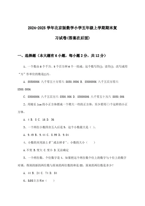 2024-2025学年北京版小学五年级上学期期末数学试卷及答案指导