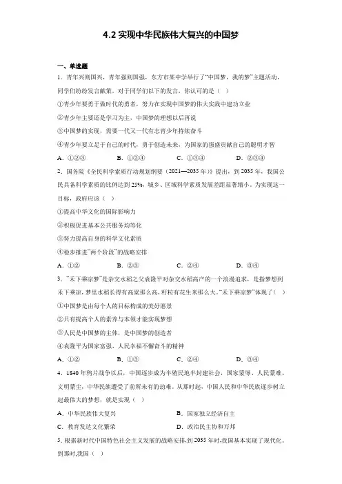 2022-2023学年高中政治统编版必修一4-2 实现中华民族伟大复兴的中国梦 第2课时 同步练习