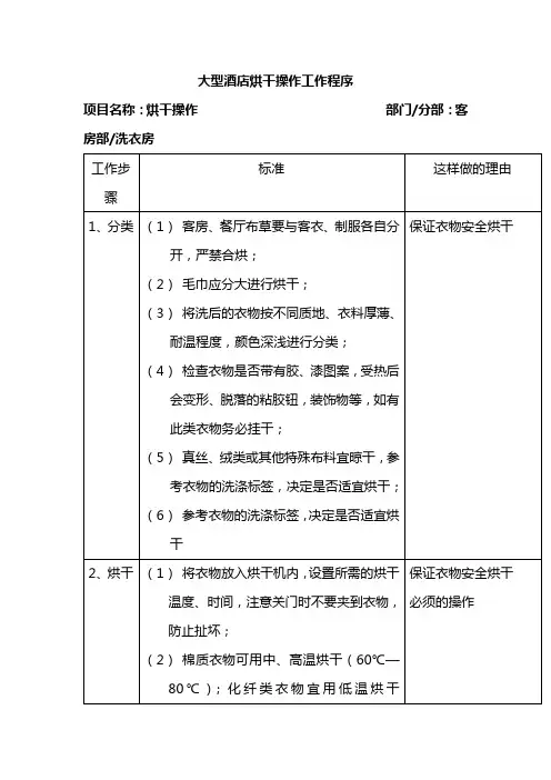 大型酒店烘干操作工作程序