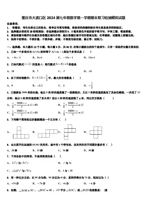 重庆市大渡口区2024届七年级数学第一学期期末复习检测模拟试题含解析