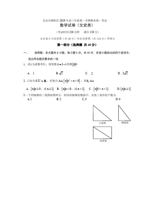 2019年朝阳区高三文科数学期末试题及答案