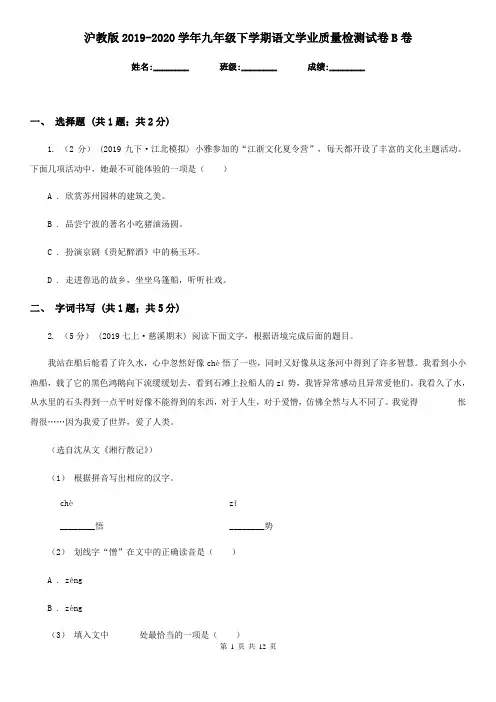 沪教版2019-2020学年九年级下学期语文学业质量检测试卷B卷