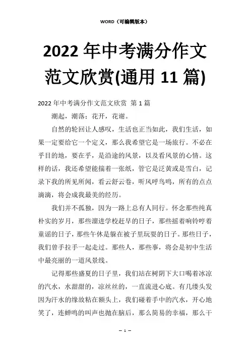 2022年中考满分作文范文欣赏(通用11篇)