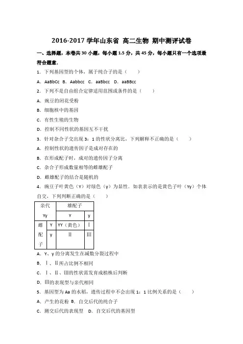 2016-2017学年山东省 高二生物 期中测评试卷