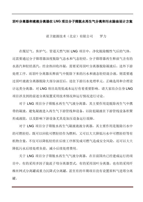 羽叶分离器和液液分离器在液化天然气项目分子筛脱水再生气气液分离和污水除油设计方案