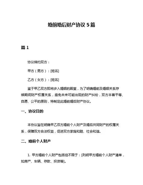 婚前婚后财产协议5篇