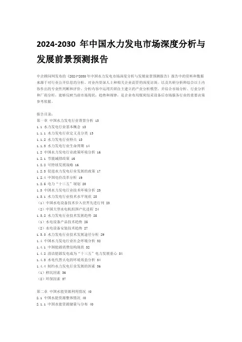 2024-2030年中国水力发电市场深度分析与发展前景预测报告