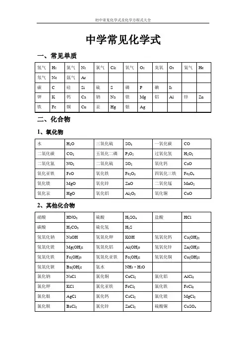 初中常见化学式及化学方程式大全