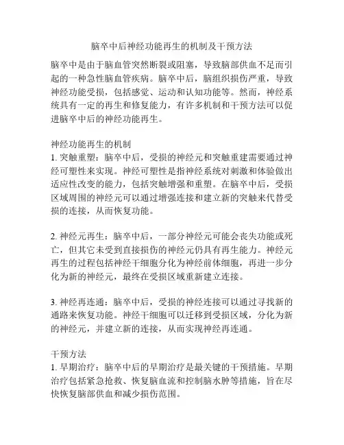脑卒中后神经功能再生的机制及干预方法