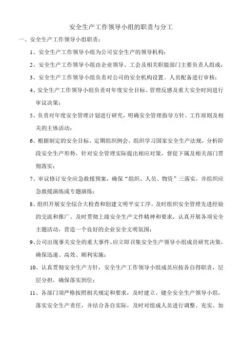 2020安全生产工作领导小组的职责与分工(精选篇)