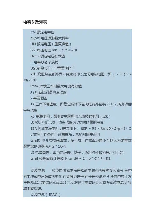 电容参数列表