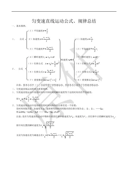 匀变速直线运动公式、规律总结