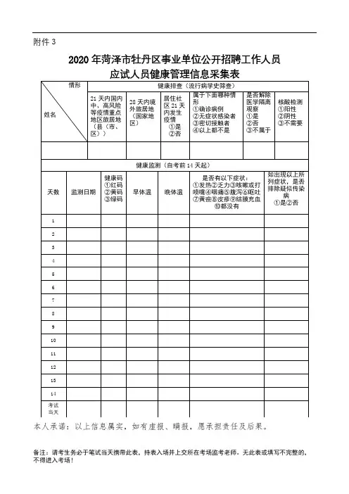 2020年菏泽市牡丹区事业单位公开招聘工作人员应试人员健康管理信息采集表【模板】