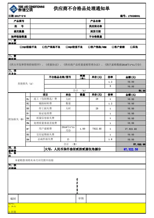 供应商不合格品处理通知单(新模板)