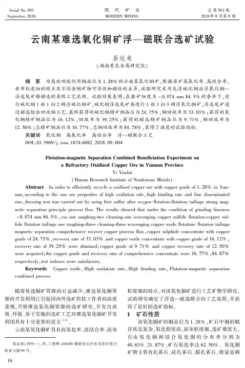 云南某难选氧化铜矿浮-磁联合选矿试验
