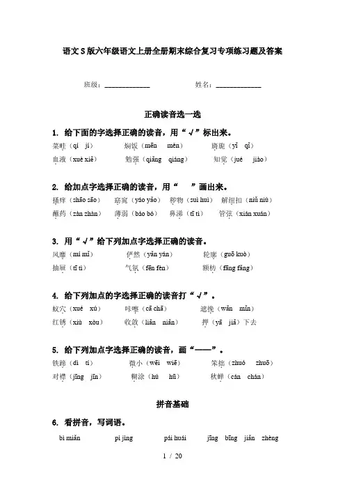 语文S版六年级语文上册全册期末综合复习专项练习题及答案