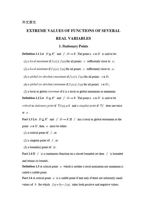 数学及应用数学专业外文翻译--多元函数的极值