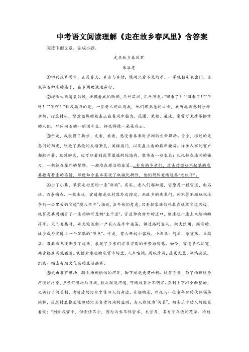 中考语文阅读理解《走在故乡春风里》含答案