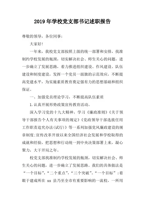 2019年学校党支部书记述职报告