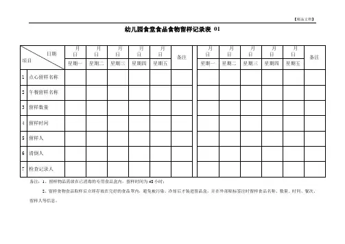食堂食品食物留样记录表 3表