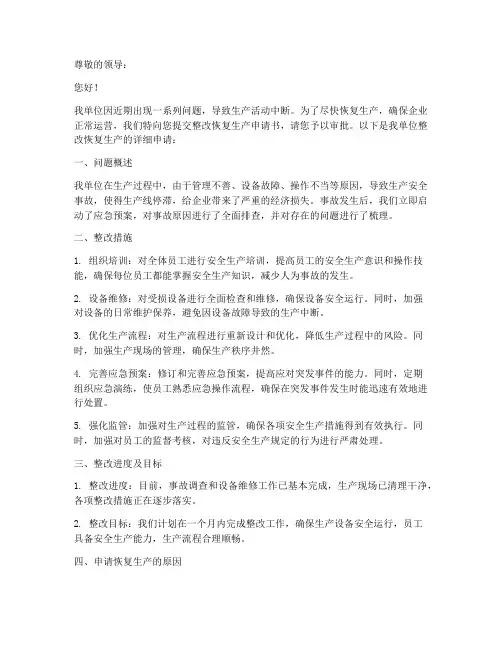 整改恢复生产申请书模板