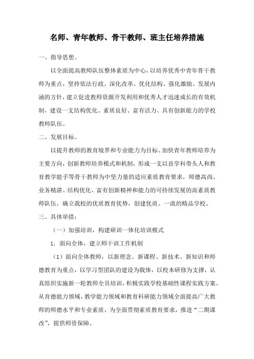 学校名师、青年教师、骨干教师、班主任培养措施