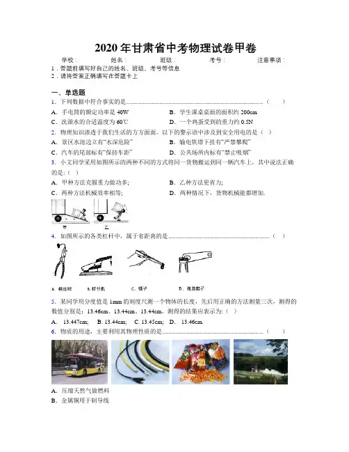 2020年甘肃省中考物理试卷甲卷附解析