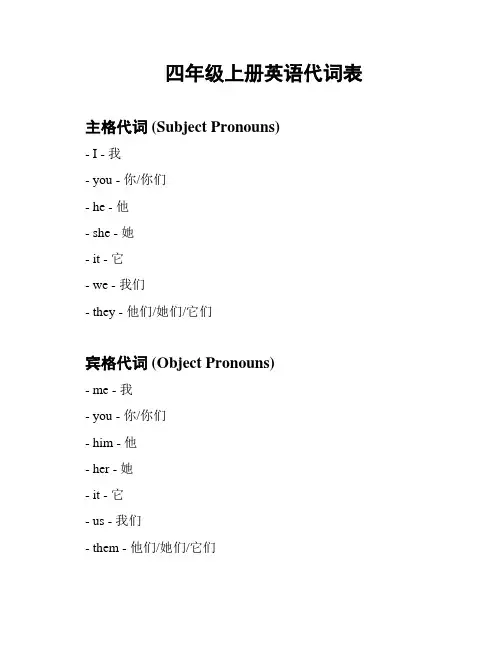 四年级上册英语代词表