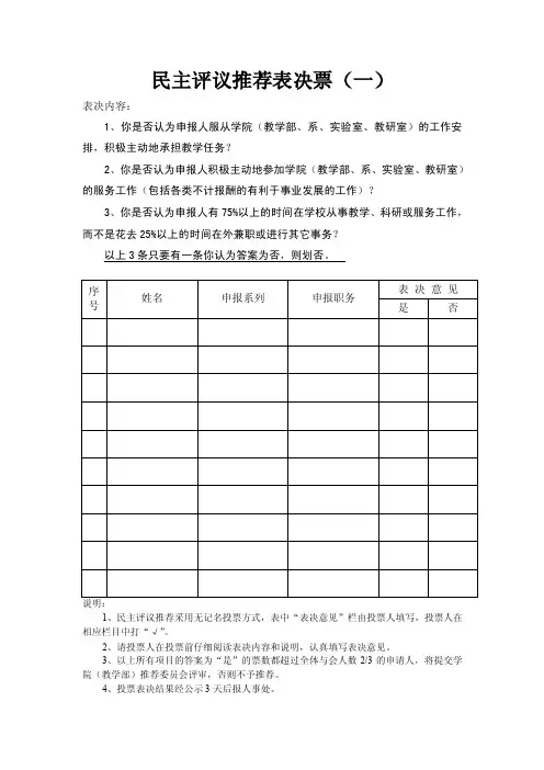 民主评议推荐表决票（一）