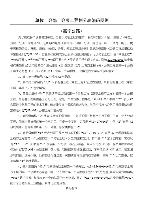 单位、分部、分项工程划分表编码规则