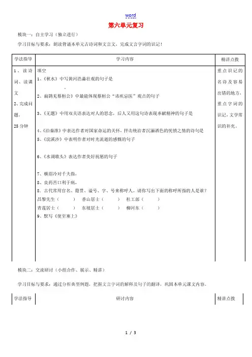 广东省河源市中英文实验学校九年级语文上册 第六单元复习讲学稿 语文版
