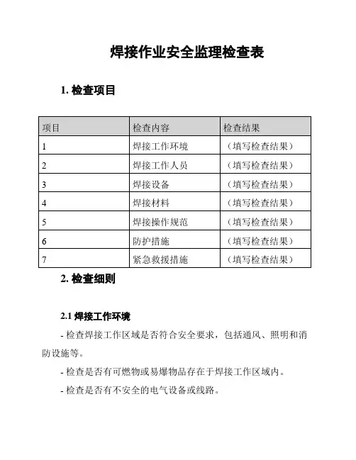 焊接作业安全监理检查表