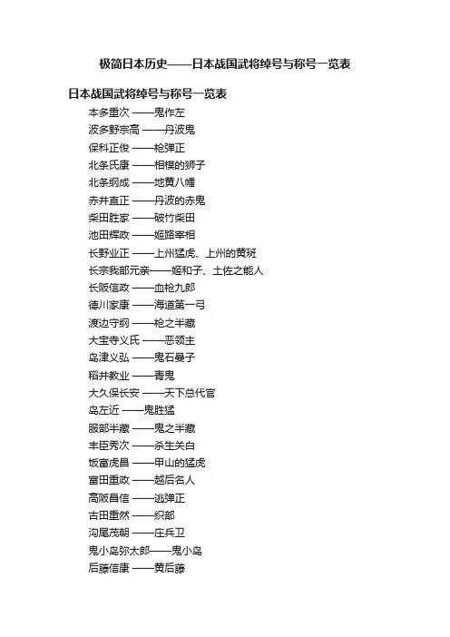 极简日本历史——日本战国武将绰号与称号一览表