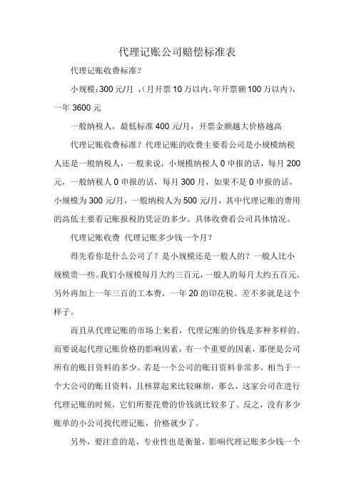 代理记账公司赔偿标准表