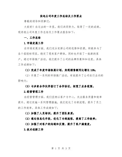 供电公司年度工作总结及工作要点