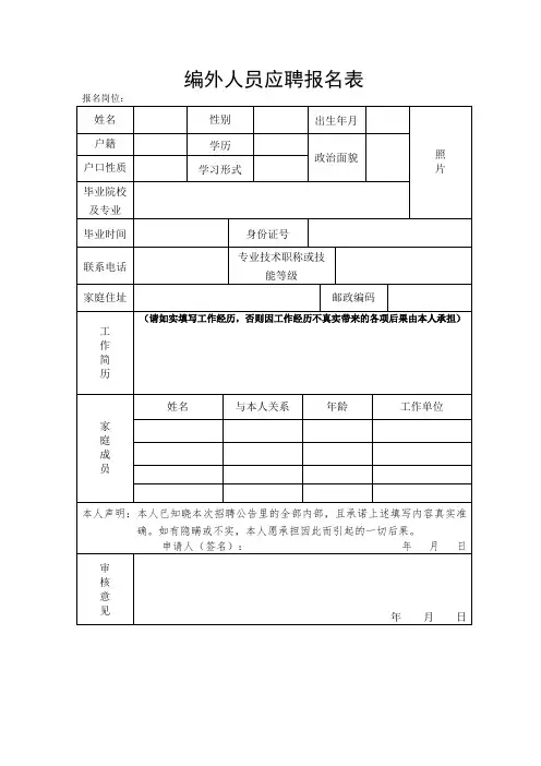 编外人员应聘报名表