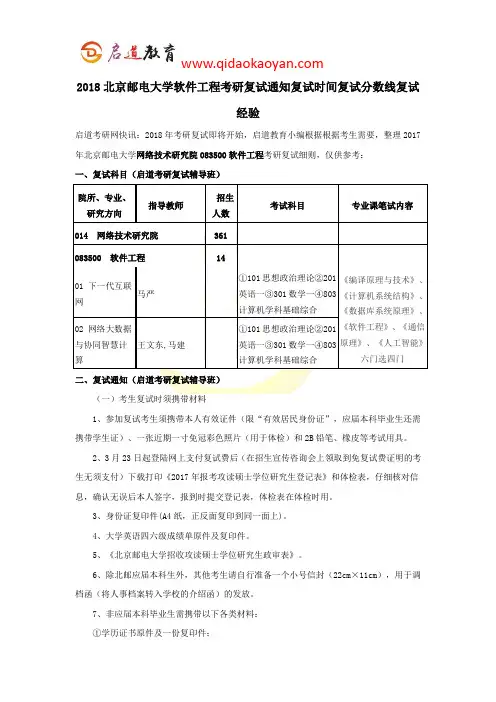 2018北京邮电大学网研院软件工程考研复试通知复试时间复试分数线复试经验