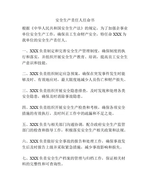 安全生产责任人任命书