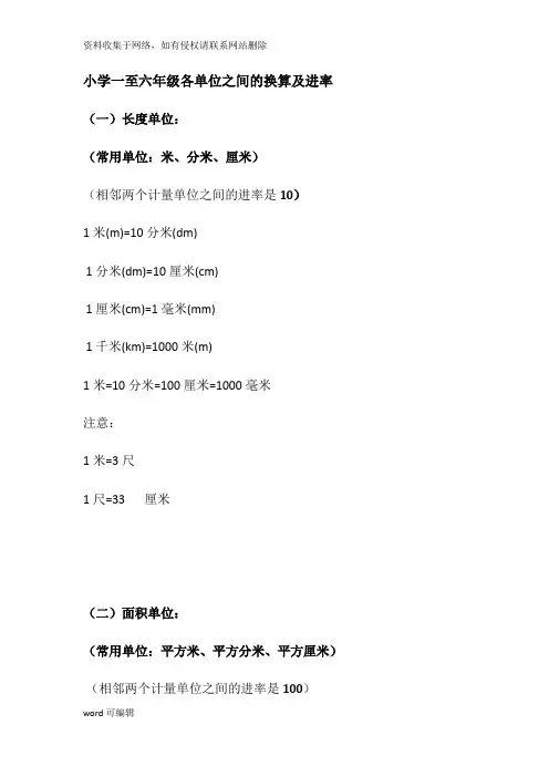 小学一至六年级各单位之间的换算及进率知识讲解