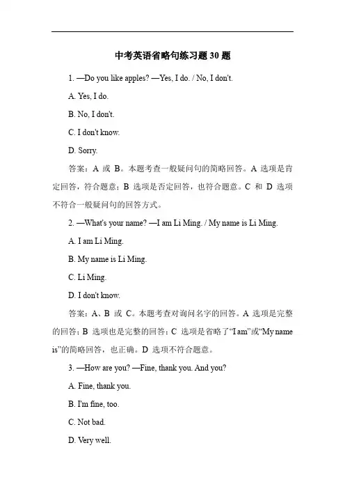 中考英语省略句练习题30题