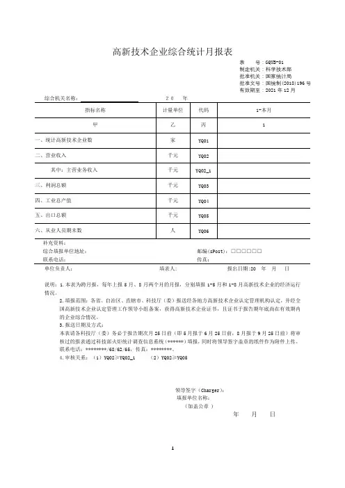 高新技术企业综合统计月报表【模板】