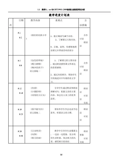 人教版三年级语文上册教学进度计划表