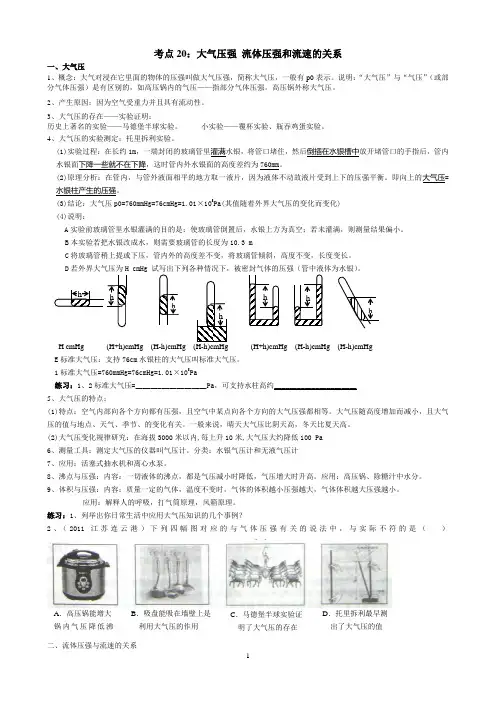 考点20：大气压强 流体压强和流速的关系