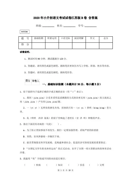 2020年小升初语文考试试卷江苏版B卷 含答案