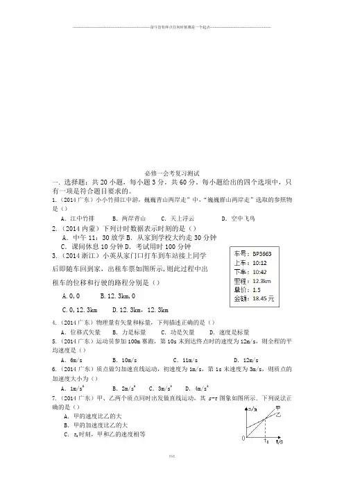 人教版高中物理必修一会考复习测试