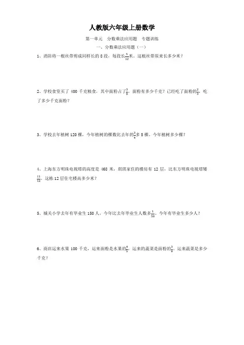人教版六年级上册数学  第一单元  分数乘法应用题  专题训练