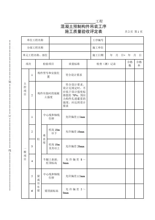 预制构件吊装工序施工质量验收评定表