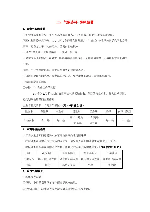 八年级地理会考复习 2.2《气候多样 季风显著》知识点总结