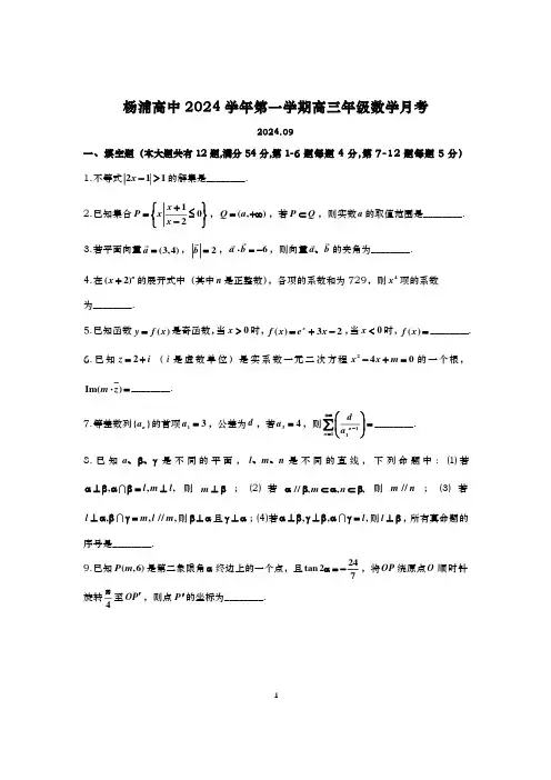 2024-2025学年上海杨浦高级高三上学期数学月考试卷及答案(2024.09)